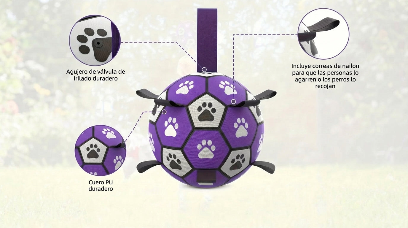 Detalle de la Pelota Fútbol con Tiras: cuero PU duradero, válvula de inflado, correas de nailon