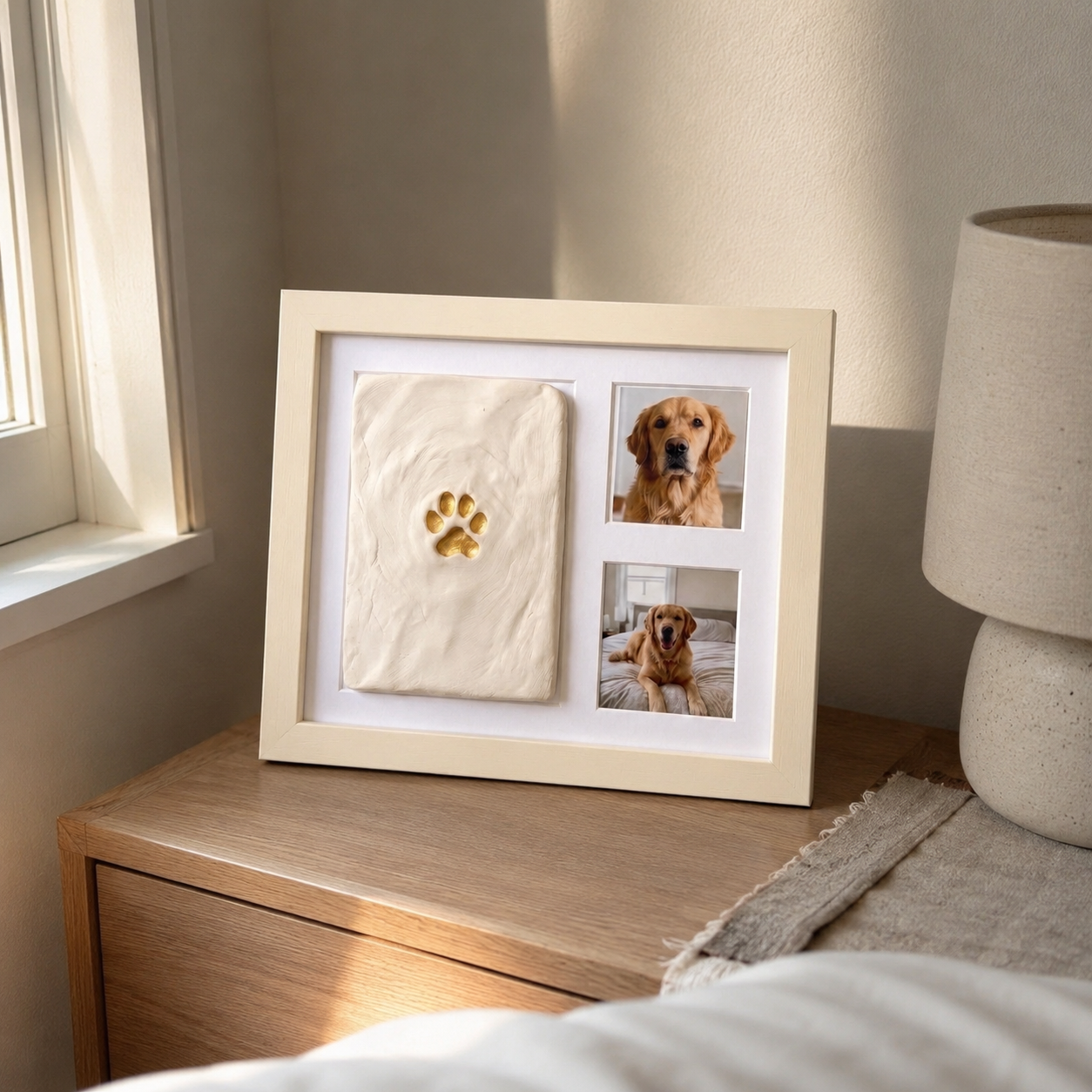 Cuadro con huella de mascota en arcilla y dos fotos, apoyado en un mueble