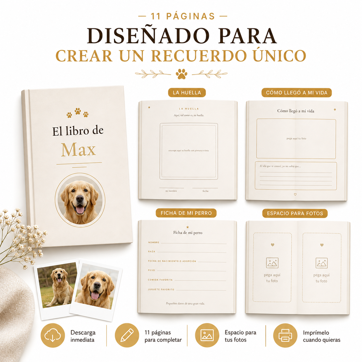 Libro de recuerdos de tu mascota en PDF, con páginas para completar a mano