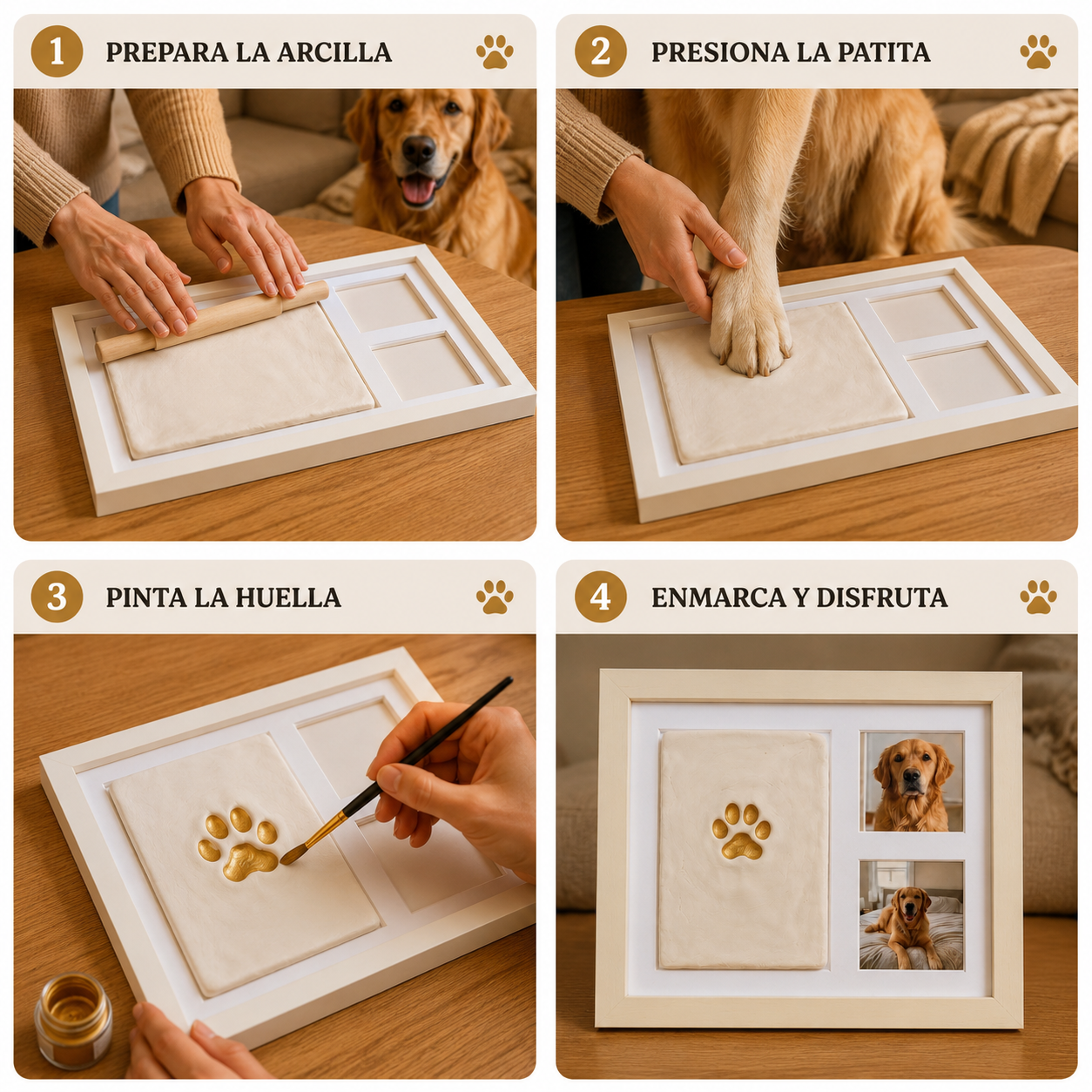 Los 4 pasos: preparar la arcilla, presionar la patita, pintar la huella, enmarcar y disfrutar
